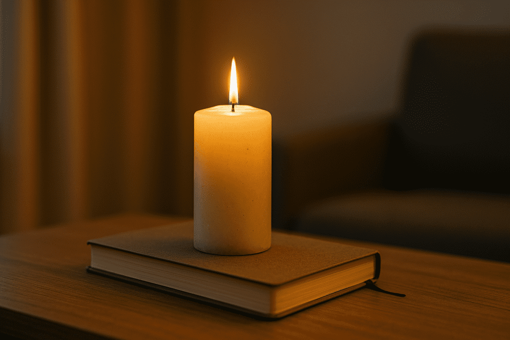 A warm candle flame casts a soft glow on a closed notebook atop a wooden table, symbolizing mindfulness, reflection, and mental clarity. This symbolic still life represents how daily rituals like journaling and meditation can boost focus and support cognitive health.