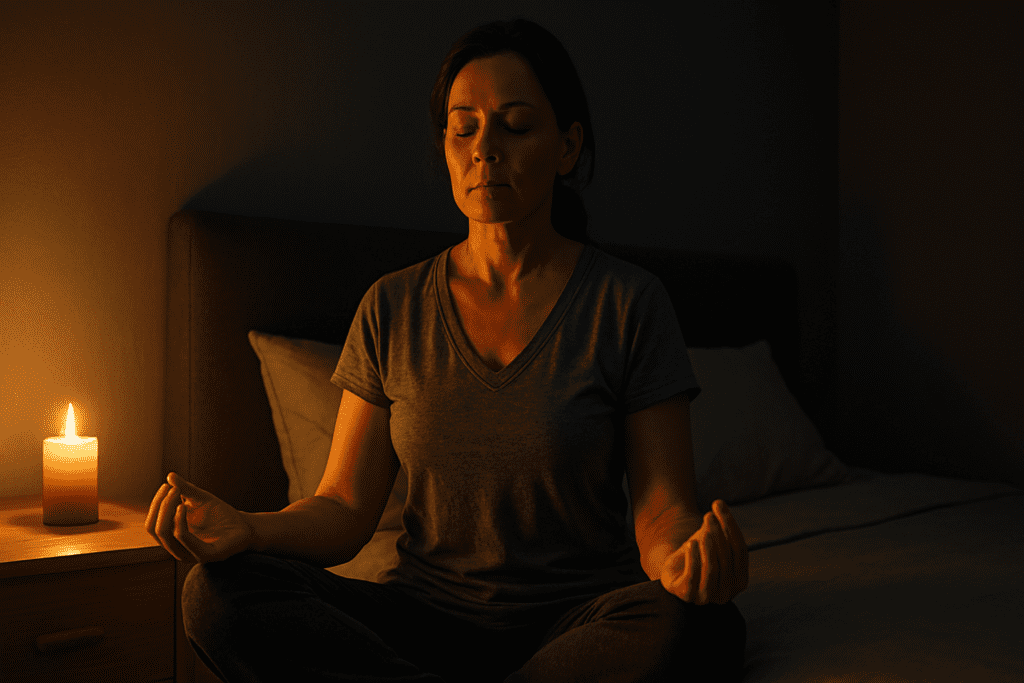 A middle-aged woman meditates quietly in a dimly lit bedroom, bathed in gentle candlelight that enhances the calm and introspective atmosphere. Her posture and setting reflect how nighttime focused attention practices can enhance concentration and protect brain function over time.