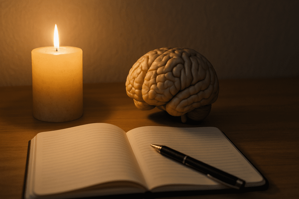 A realistic brain model, open notebook, and softly lit candle are arranged on a wooden surface, visually connecting meditation, learning, and neuroscience. This carefully composed scene illustrates the link between focus-enhancing meditation and long-term brain health support.