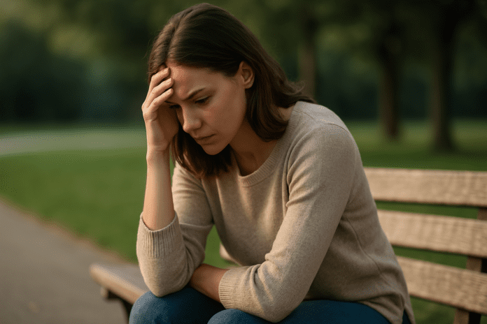 A young woman sits alone on a wooden park bench at sunset, hunched forward with her head resting on her hand, her expression reflecting deep self-reflection. Surrounded by soft greenery and golden light, the image symbolizes the isolating nature of cognitive distortions and the emotional weight of distorted thinking.