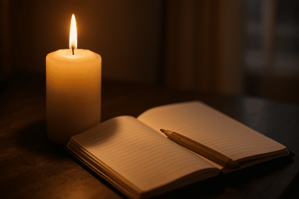 A lit beige candle casts a warm glow over an open journal and pencil on a dark wooden surface, evoking a sense of mindfulness and introspection. The soft lighting and solitary setup emphasize the therapeutic power of identifying and writing about cognitive distortions in a calming space.