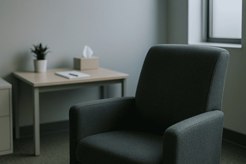 A clean, softly lit counseling room with a gray armchair and a minimalist desk suggests a professional therapeutic environment. The neutral colors and organized space reflect the clarity and structure of cognitive behavioral therapy, where clients can address and reframe distorted thinking patterns.