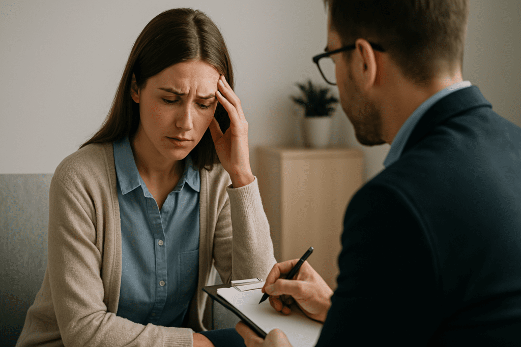 A young woman with long brown hair sits across from a therapist in a softly lit office, her expression tense as she discusses personal struggles. The scene captures the essence of cognitive behavioral therapy, illustrating how identifying cognitive distortions can lead to emotional relief and mental clarity.