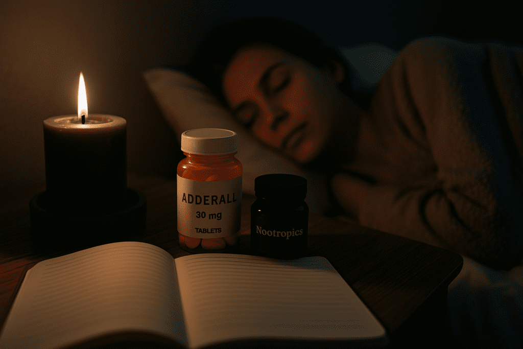 A softly lit nighttime scene shows a bedside table with a glowing candle, an open journal, a labeled Adderall bottle, and a nootropic supplement jar arranged in quiet balance. In the softly blurred background, a woman sleeps peacefully, her face illuminated by warm ambient light—symbolizing the role of nootropics for ADHD and the calming contrast they may offer alongside Adderall in achieving cognitive and emotional balance.