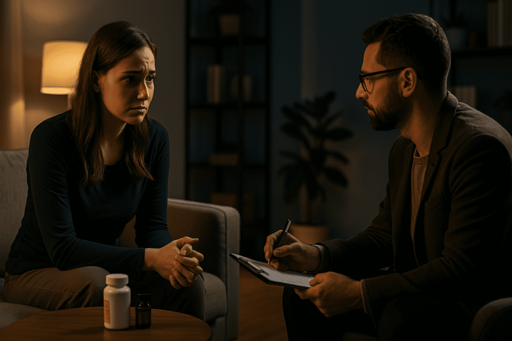 A focused therapy session unfolds in a softly lit, modern office where a young woman attentively listens to her therapist, who is holding a clipboard and pen. The calm environment, featuring neutral tones and gentle ambient light, reflects a supportive setting for discussing treatment options like nootropics for ADHD or the combined use of Adderall and nootropics for improved mental clarity and emotional regulation.