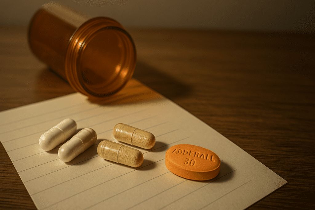 An open amber pill bottle lies on its side atop a warm wooden surface, with assorted tablets—including a distinct orange Adderall 30 mg capsule—spilling out in a clean, deliberate arrangement. Illuminated by soft natural sunlight, the composition emphasizes the contrast between pharmaceutical and supplemental approaches, visually representing the ongoing decision many face when considering nootropics for ADHD as a complement or alternative to Adderall.
