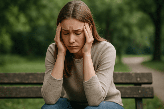 A young woman sits alone on a wooden park bench in soft morning light, leaning forward with her face resting in her hands, visibly lost in thought. The neutral-toned outfit and blurred greenery around her reflect the introspective nature of CBT therapy and the mental clarity such tests aim to uncover.
