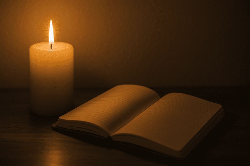 A lit ivory candle casts a warm glow over an open journal on a wooden surface, set against a plain white wall in a dim indoor space. The intimate lighting and minimal setup evoke themes of self-reflection and emotional processing often explored in cognitive behavioral therapy assessments