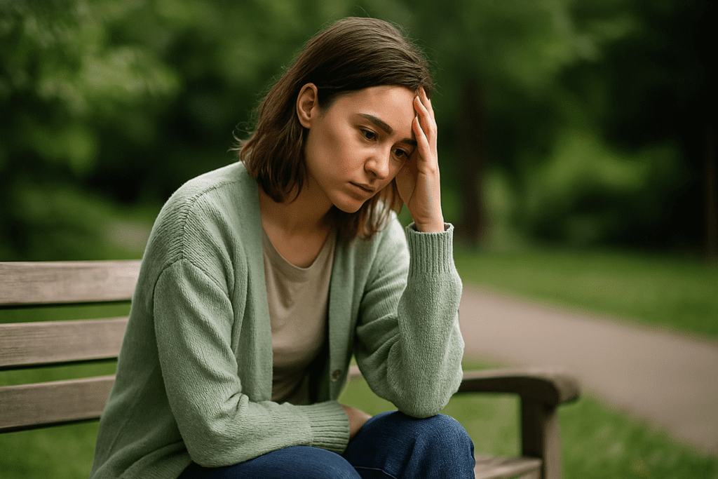 A young woman with light skin sits alone on a wooden bench in a quiet, green park, lost in reflective thought. Soft morning light casts a natural glow around her, visually reinforcing the introspective mood often associated with CBT therapy and mental health evaluations.