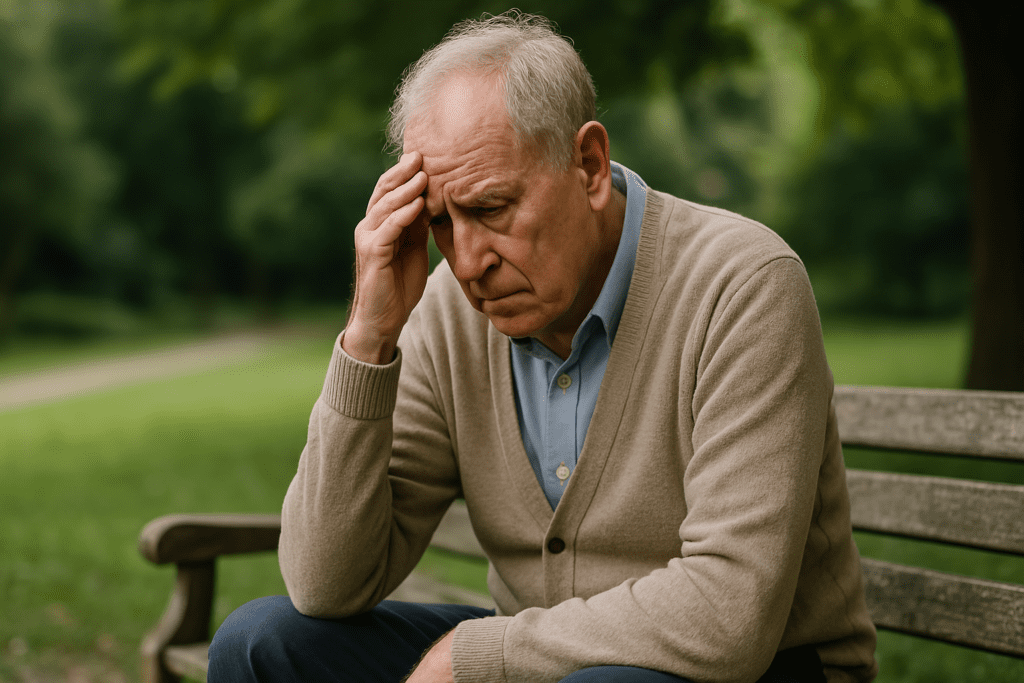 An elderly Caucasian man sits alone on a wooden bench in a quiet park, dressed in a beige cardigan and light blue shirt, his expression marked by reflective sadness. The soft morning natural light and the subdued green surroundings visually underscore themes of dementia-related mood swings and solitary contemplation.