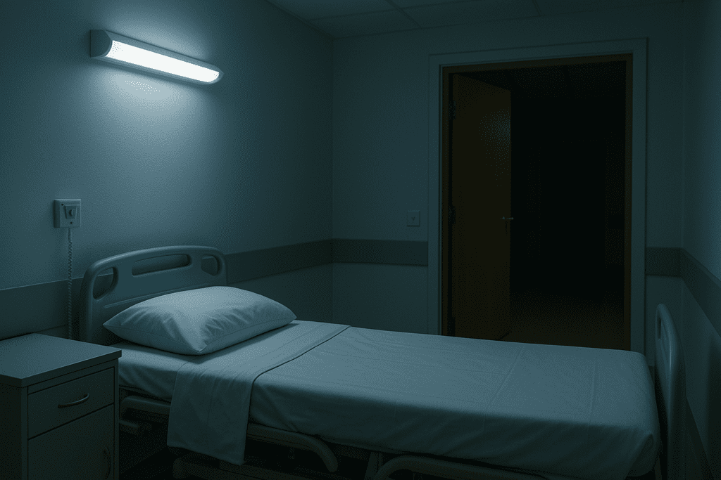 An empty hospital or care facility room features a neatly made bed, cool-toned blue walls, and minimal furnishings under soft fluorescent lighting. The sterile, quiet atmosphere and clinical setting visually represent the isolation and environmental shifts often experienced during dementia-related care.