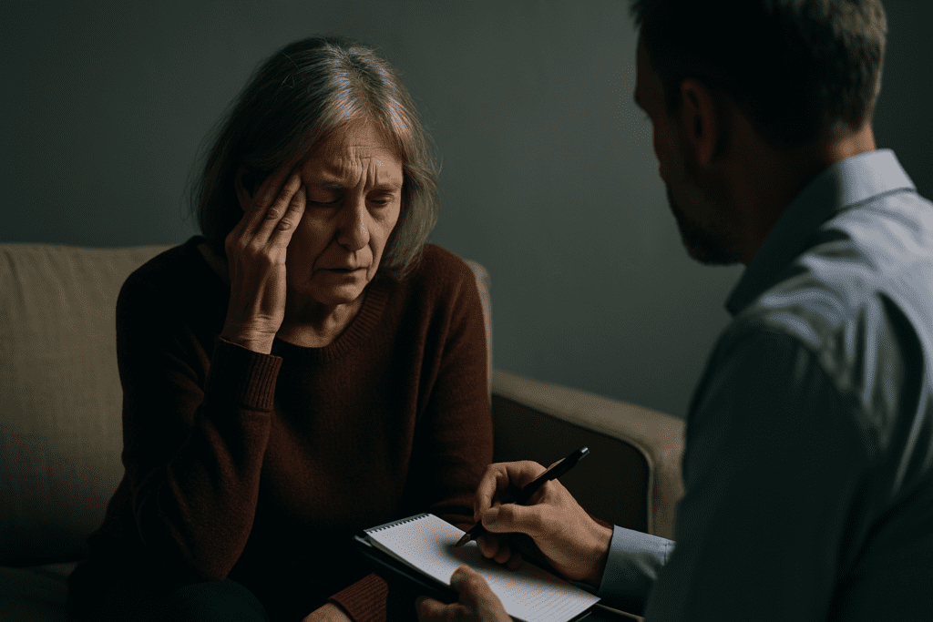 An older Caucasian woman with gray hair sits in a dimly lit therapy room, her brow furrowed and hand pressed to her temple, visibly distressed during a counseling session. The soft, directional lighting and blurred figure of the attentive male therapist in the background convey the emotional intensity and mental strain often associated with dementia and mood-related personality changes.