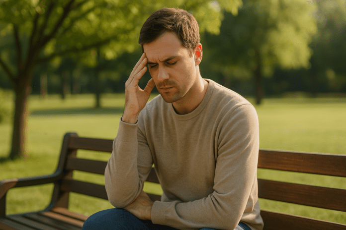 A young man sits alone on a park bench in soft morning light, gently pressing his temple with a thoughtful expression, visually reflecting the need for mental clarity and focus support. The blurred green background and relaxed posture emphasize the calming benefits of natural focus supplements for adults.