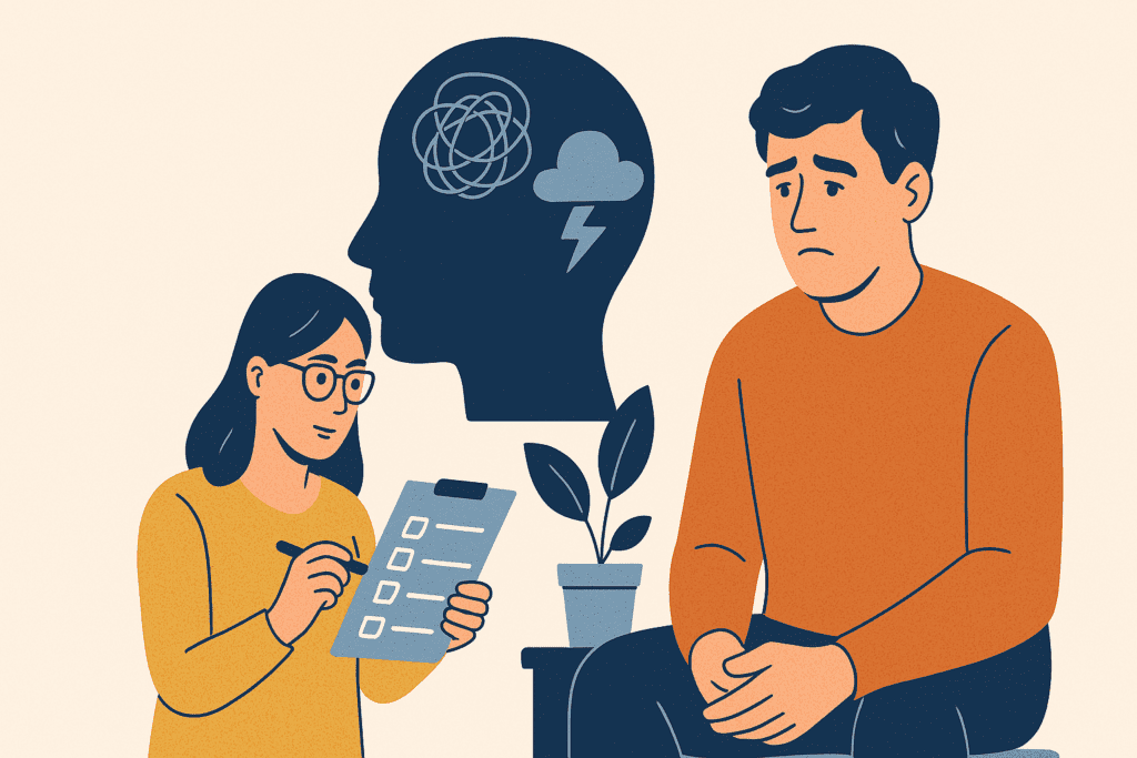 A flat-style digital illustration of a CBT therapy session, showing a female therapist attentively engaging with a male patient who appears anxious. In the background, a large silhouette of a head contains scribbles and a thundercloud, symbolizing mental health struggles.
