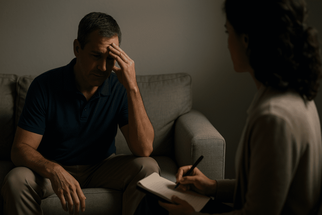 A middle-aged man sits hunched on a gray couch in a warmly lit therapy room, hand to forehead, while a female therapist takes notes beside him — a powerful visual representation of how focus vitamins can help manage mental fatigue, enhance clarity, and support cognitive health in adults.