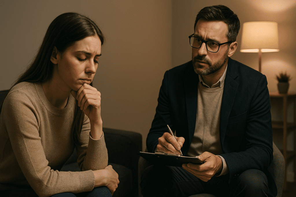 In a calm home-like space, a young woman sits in quiet reflection while her therapist listens attentively across from her, illustrating the role of brain health supplements in improving memory and mental resilience during times of cognitive strain or stress.