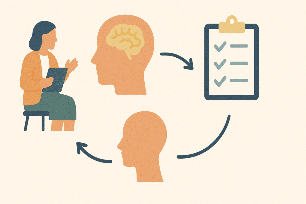 A flat-style digital illustration that visualizes CBT techniques. The layout includes a human head with a brain, a task list, a therapist speaking with a patient, and an upward arrow symbolizing growth. Earth-tone colors and minimalistic design convey a calm and structured therapeutic process.