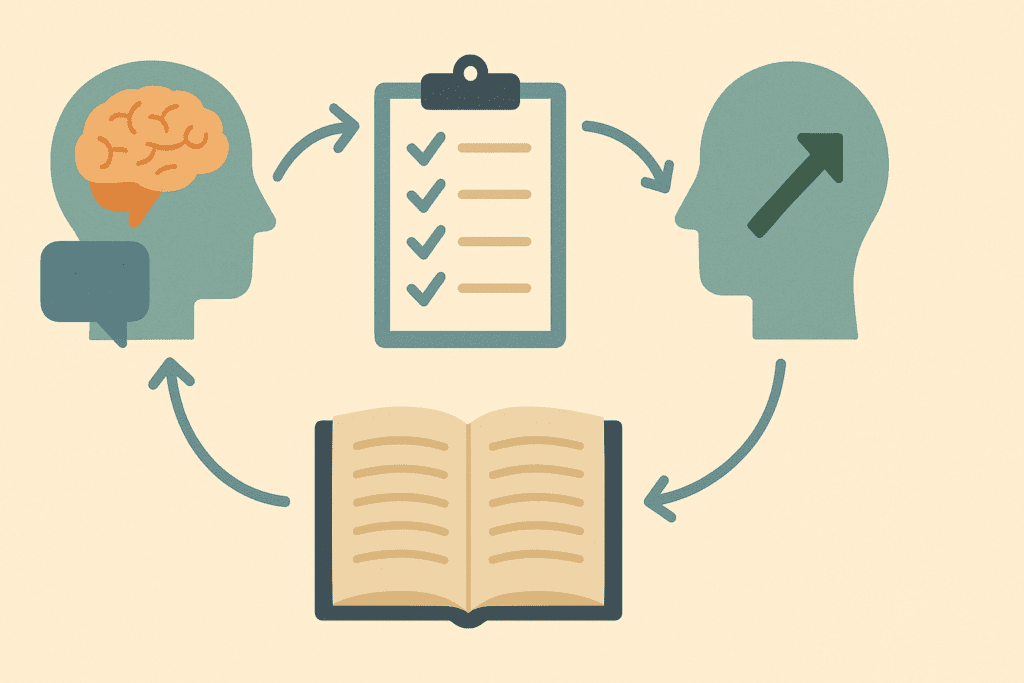 A flat-style digital illustration representing core concepts of Cognitive Behavioral Therapy (CBT). The image features a human head with a brain, a checklist on a clipboard, an open book, and an upward arrow—each symbolizing cognition, structure, learning, and progress. The elements are interconnected with curved arrows on a calm beige background, conveying the flow between thoughts, behaviors, and positive change.