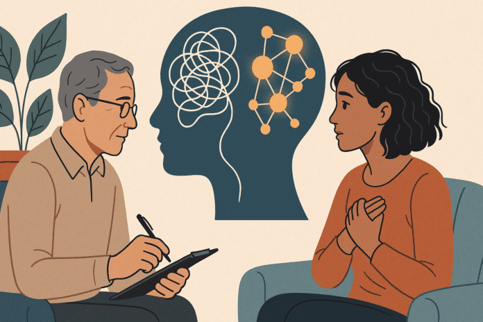 Illustration of a cognitive therapy session with a therapist and client, with a symbolic brain in the background representing mental restructuring and cognitive change.