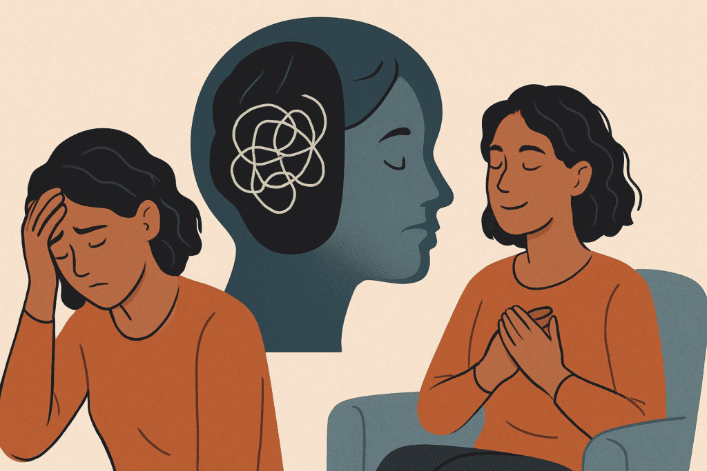 Split-image portrait of a woman with chaotic thoughts on one side and a glowing brain on the other, symbolizing the transformation from negative thinking to mental clarity.