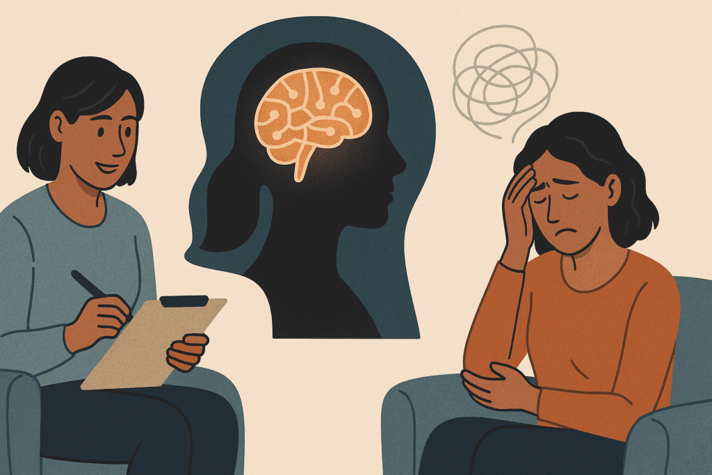 Illustration of a counseling session where a therapist listens to a distressed client, with a glowing brain inside a dark profile head illustrating cognitive shifts during therapy.