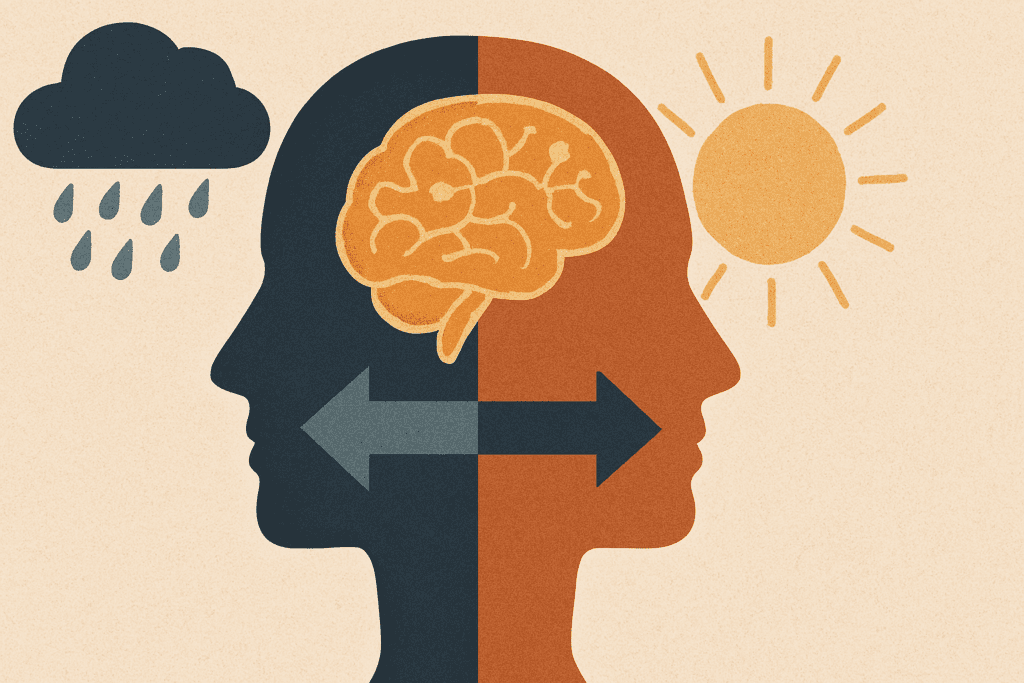 Split-face illustration showing a chaotic mind with scribbles and a dark cloud transitioning into a bright brain with sunlight, symbolizing cognitive therapy’s role in reshaping thought patterns.