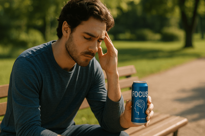 A young man in his twenties sits alone on a wooden park bench, holding a blue FOCUS energy drink can, eyes closed in calm reflection. Surrounded by greenery and bathed in soft natural daylight, the scene visually conveys how a focus energy drink can support mental clarity and long-term brain health.