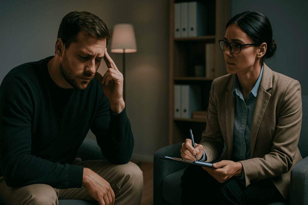 A male client in a dark green sweater speaks with a female therapist in a warmly lit, minimalist therapy room. The calm expressions and professional setting underscore how mental clarity and brain health can be supported through both conversation and focus-enhancing tools.