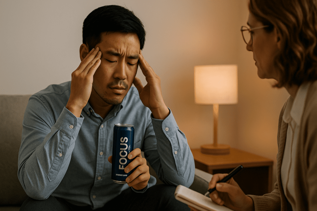 A young East Asian man sits pensively in a light gray armchair during a therapy session, holding a FOCUS energy drink. With the therapist blurred in the background and cool ambient lighting, the image evokes the theme of using energy drinks as a tool for supporting focus during emotional self-reflection and brain wellness.