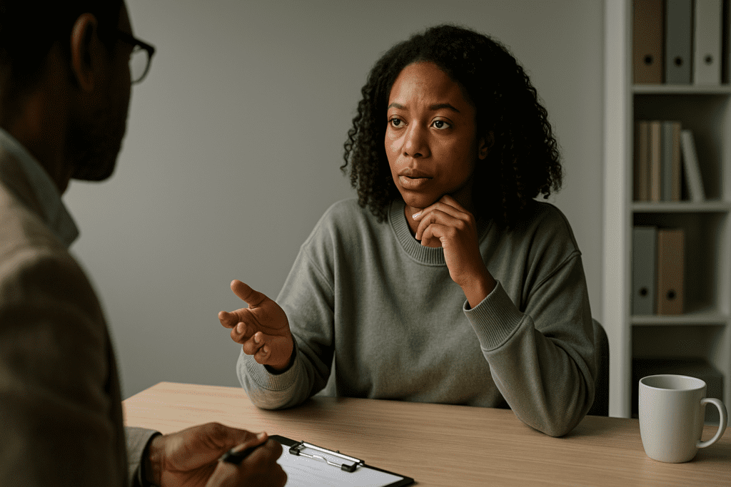 An African-American woman in a sage green sweater sits attentively at a light wooden desk in a serene therapy office. The soft natural lighting and clean setting emphasize focus and emotional balance, aligning with the concept of boosting cognitive clarity and supporting long-term brain health.