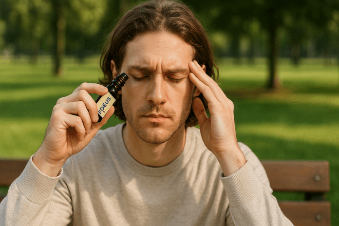 A young man with wavy chestnut hair sits on a park bench applying a focus essential oil blend to his temples, surrounded by greenery in soft morning light. This calming outdoor setting visually supports how to use essential oils for better concentration and brain health.