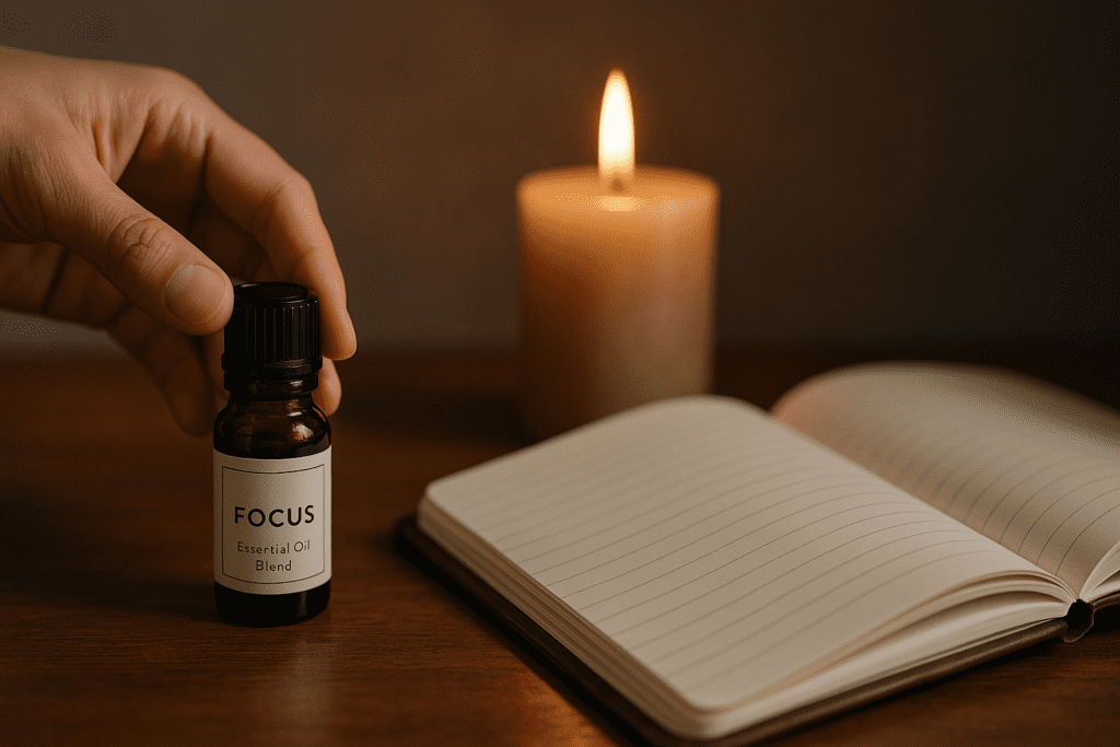 A close-up image of a woman's hand holding a small amber bottle labeled "FOCUS Essential Oil Blend" beside an open notebook and a softly glowing candle. The warm indoor light and tranquil atmosphere emphasize how essential oils help focus and support mindful concentration rituals.