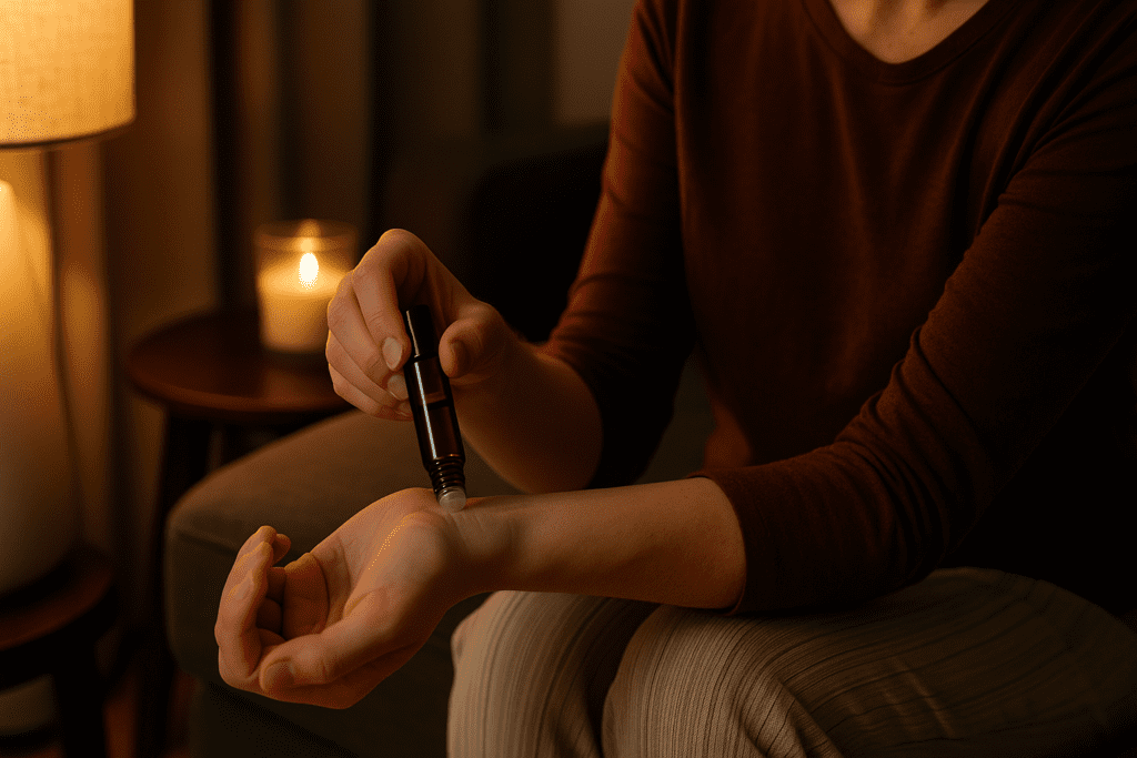 A person in cozy loungewear applies a focus essential oil blend to their inner wrist while seated on a dark gray sofa, with a candle and lamp casting warm nighttime light. This serene scene illustrates how to use essential oils for mental clarity and relaxation in the evening.