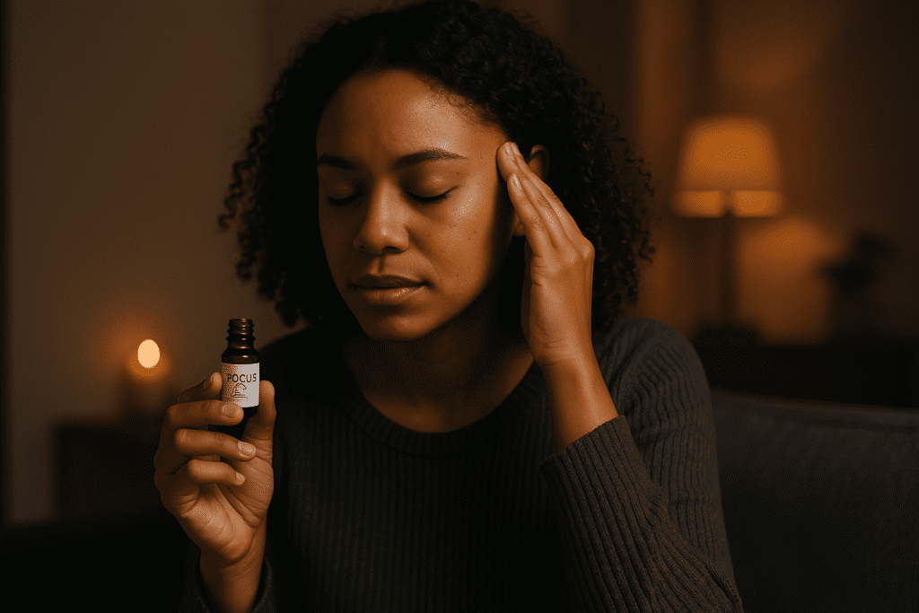 A young African American woman applies focus essential oil to her temples in a softly lit room, her calm expression and focused gesture reinforcing the role of aromatherapy in cognitive support and stress relief. The mood and setting highlight essential oil use for better concentration and brain health.
