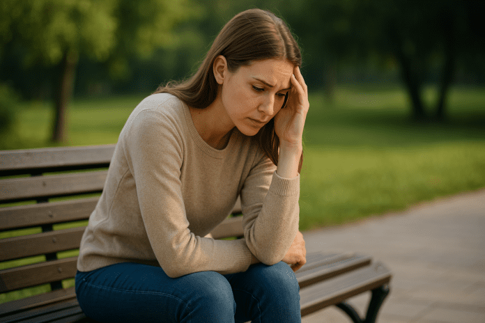 A young woman sits alone on a wooden park bench surrounded by greenery, lost in contemplative thought, with soft morning sunlight highlighting her reflective posture — capturing the emotional introspection central to cognitive behavioral therapy.