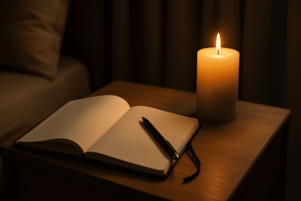 An open black journal with a pen lies beside a softly glowing candle on a wooden nightstand, symbolizing self-reflection and the core CBT technique of journaling in a quiet, dim-lit bedroom.