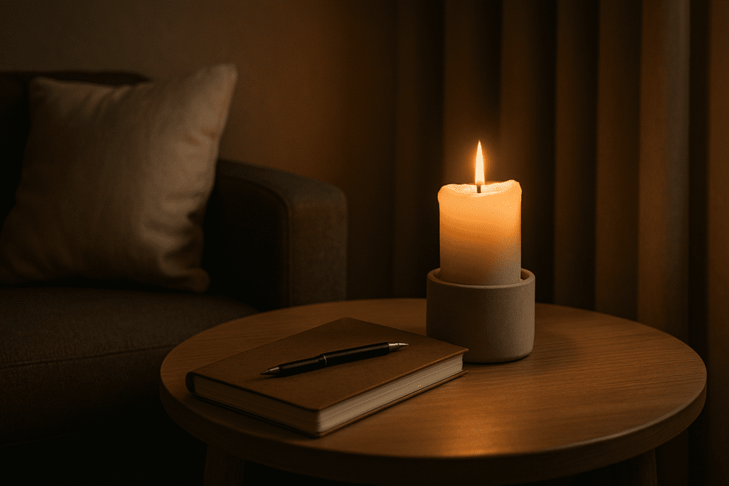 A softly lit living room corner with a flickering candle, closed notebook, and cozy gray sofa evokes a private nighttime space for self-reflection, highlighting the personal environment where CBT techniques like thought-tracking often take place.