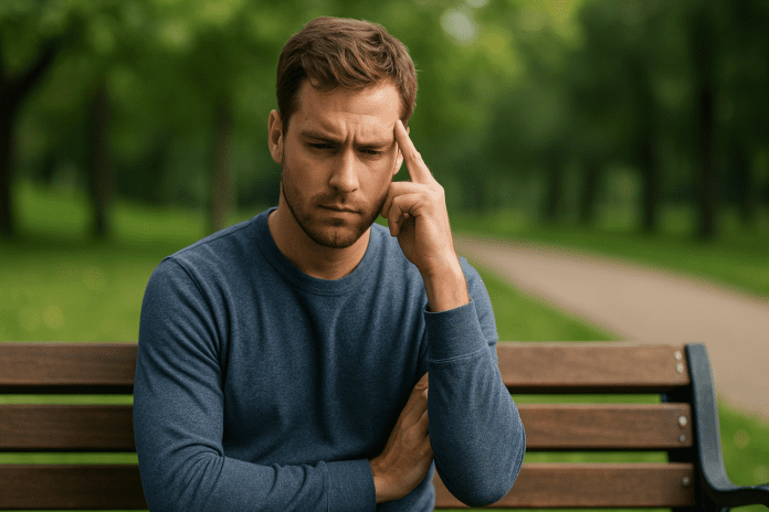 A young Caucasian man sits alone on a park bench, dressed in a blue sweater, with his hand resting against his temple in a contemplative pose. Surrounded by soft greenery and illuminated by gentle morning light, the image evokes the calm alertness associated with l-theanine and caffeine, visually reinforcing the theme of natural cognitive support for focus and brain longevity.