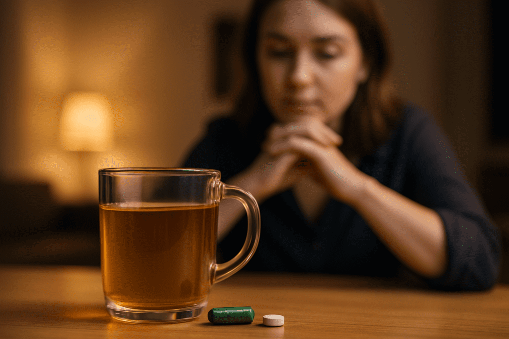 A clear glass mug filled with warm tea sits beside two supplement capsules on a smooth wooden table, while a young woman in soft focus appears deep in thought under warm ambient indoor lighting. The scene subtly illustrates the calming yet focused effect of l-theanine and caffeine, with the cozy nighttime setting reinforcing their role in enhancing brain health and promoting mindful reflection without overstimulation.