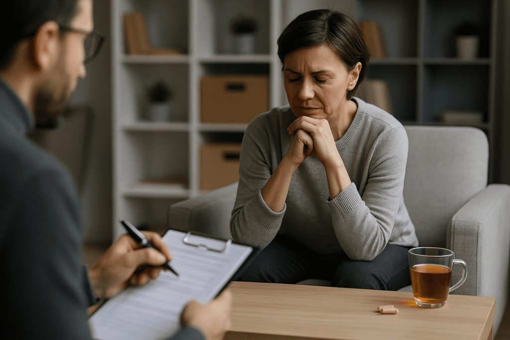A middle-aged woman sits quietly on a light gray couch in a modern therapy room, her hands clasped and eyes closed in introspection, while her therapist takes notes nearby. Soft natural light fills the calm, neutral-toned space, where a teacup and supplement capsules on the coffee table subtly symbolize the use of l-theanine and caffeine as part of a holistic approach to cognitive health and emotional clarity.