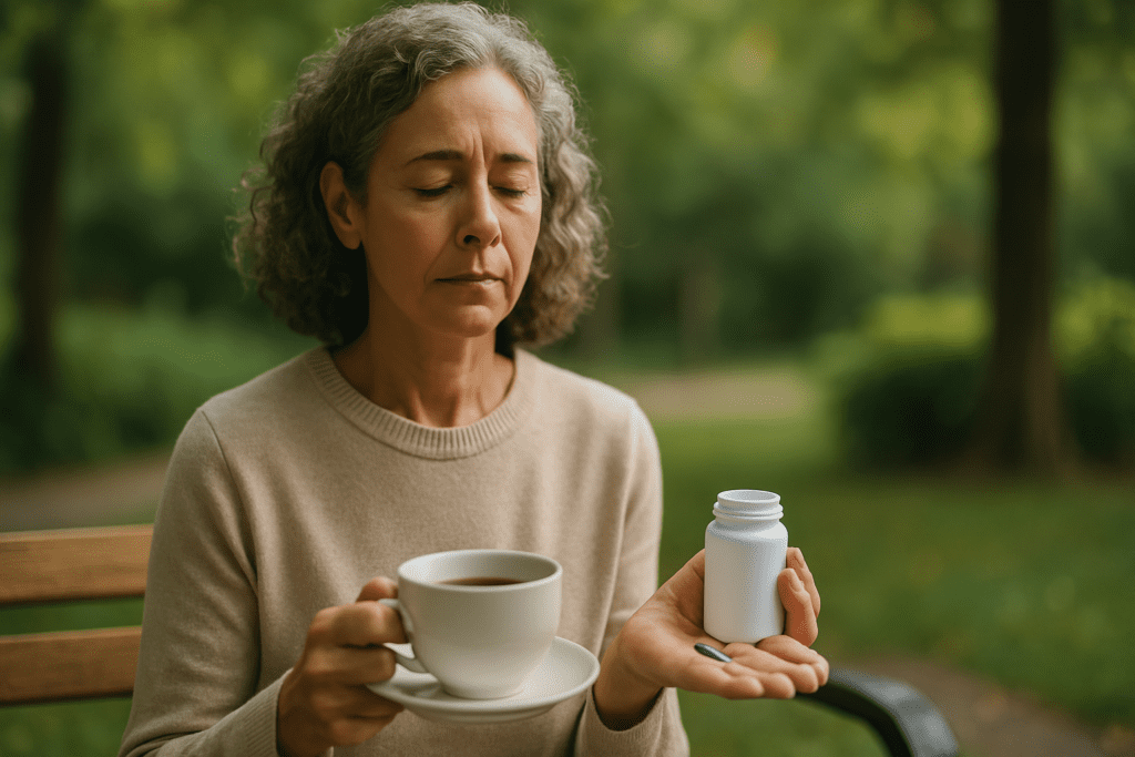 A middle-aged woman with curly gray hair sits peacefully on a wooden park bench, holding a warm cup of tea in one hand and a small pill bottle with a green capsule in the other. Surrounded by soft greenery and bathed in gentle sunlight, her closed eyes and calm expression reflect the restorative balance that l-theanine and caffeine can offer for focus and brain longevity in a natural, tranquil setting.