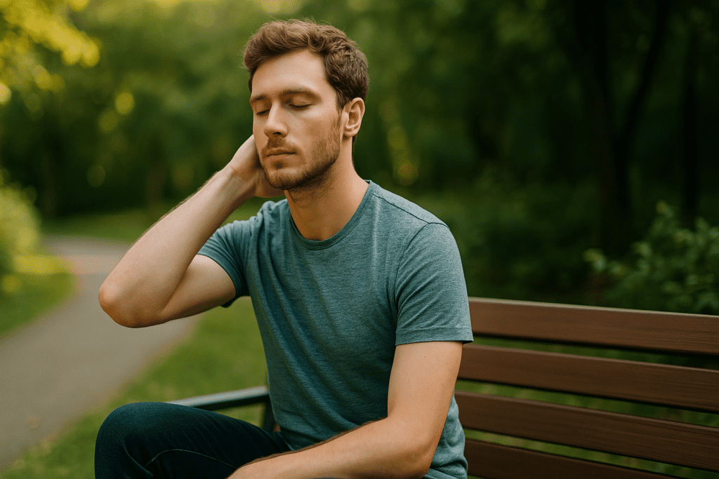 A young man with light skin and short brown hair sits calmly on a wooden park bench surrounded by greenery, his eyes closed in peaceful reflection. The soft morning sunlight bathes the scene in a warm glow, visually reinforcing the focus-enhancing and calming effects of L-theanine and caffeine together, as explored in the context of brain health and mental clarity.