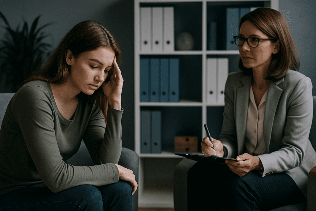 A therapy session unfolds in a softly lit office where a young woman sits in quiet contemplation, her hand resting on her temple as she engages with a focused therapist across from her. The calm, clinical setting with neutral colors and a neatly arranged bookshelf reflects the emotional and cognitive support often associated with using L-theanine and caffeine together, highlighting their potential role in managing stress, enhancing clarity, and supporting mental wellness in therapeutic environments.