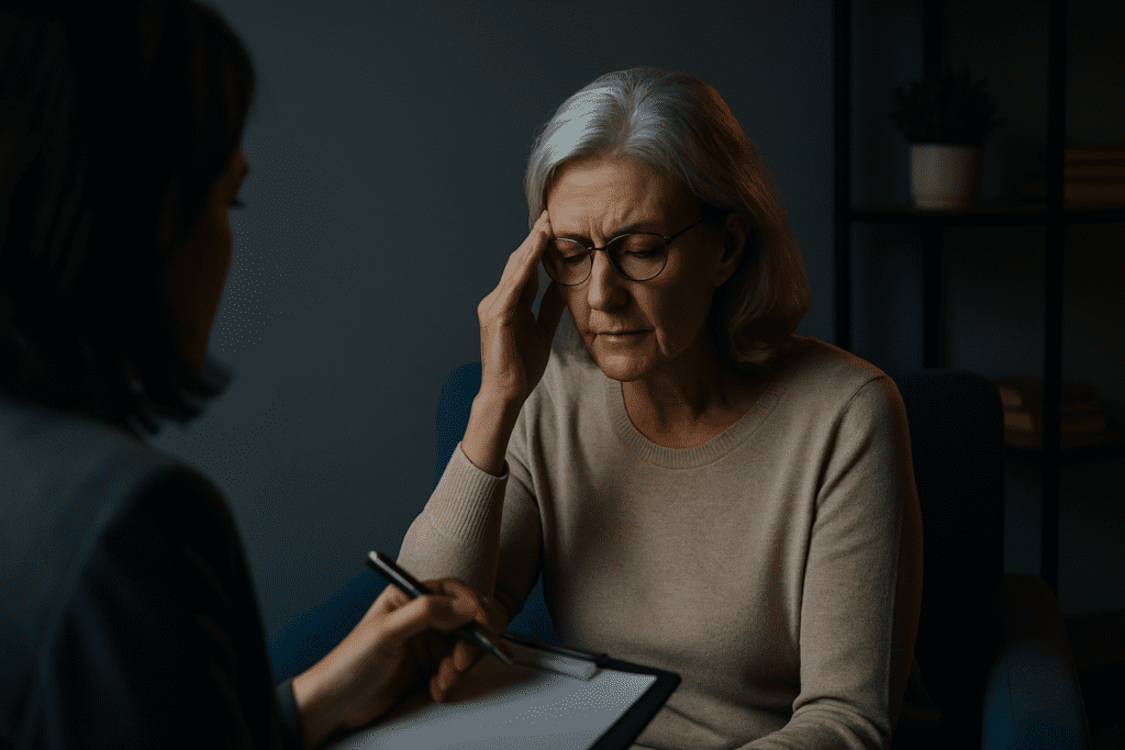 In a softly lit therapy room, an elderly woman with silver hair sits across from her therapist, her hand resting thoughtfully on her temple. The warm ambient lighting and quiet clinical setting reflect the therapeutic benefits of essential oils in enhancing mental clarity and supporting long-term brain health.