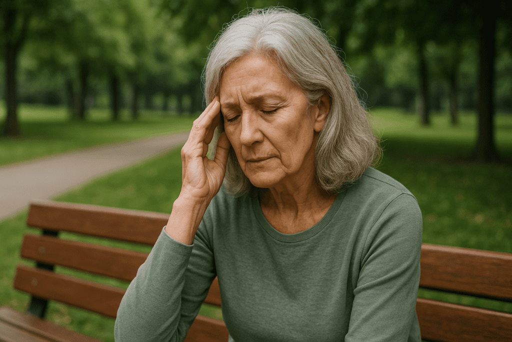 In a softly lit therapy room, an elderly woman with silver hair sits across from her therapist, her hand resting thoughtfully on her temple. The warm ambient lighting and quiet clinical setting reflect the therapeutic benefits of essential oils in enhancing mental clarity and supporting long-term brain health.