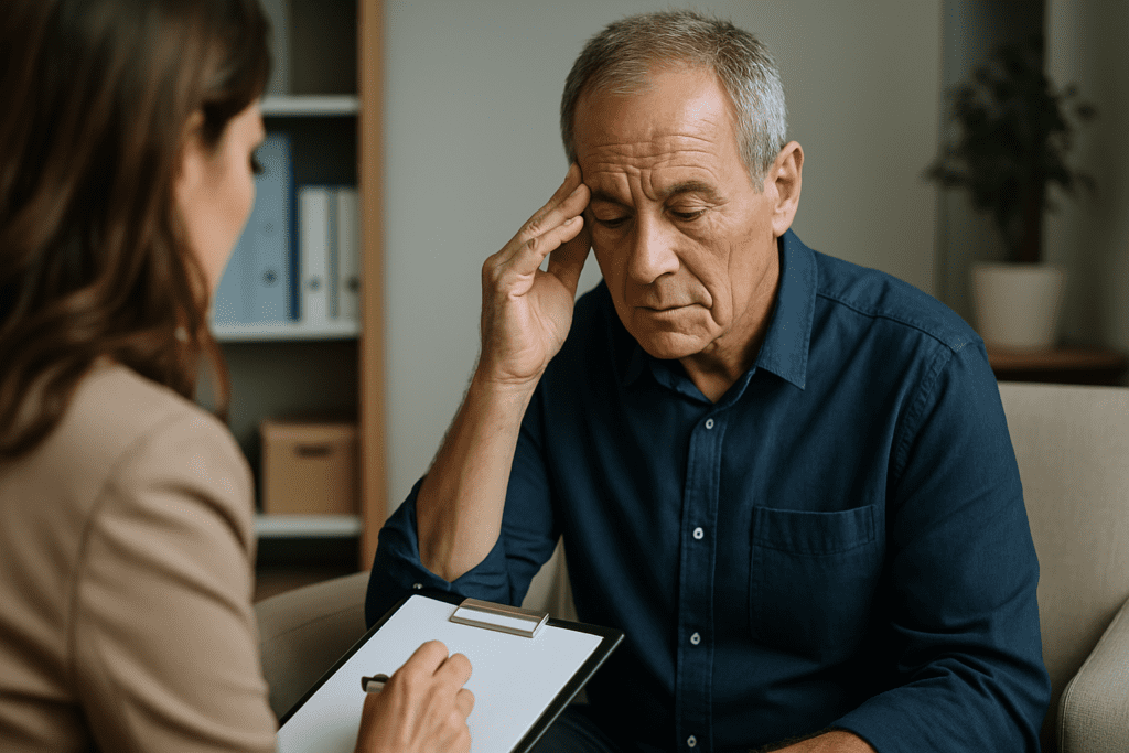 A light-skinned man in his 60s appears deep in thought during a therapy session, seated across from a female therapist holding a clipboard in a softly lit, neutral-toned office. The image highlights how essential oils and supportive therapy environments can help manage attention, stress, and cognitive health with aging.