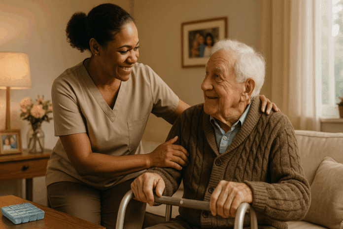 Caregiver smiling and supporting an elderly man with dementia in a warm home setting, representing compassionate dementia care near me.
