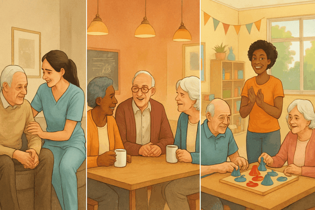 Collage showing dementia care near me with a home caregiver helping an elderly man, a memory café social scene, and an adult day program activity room