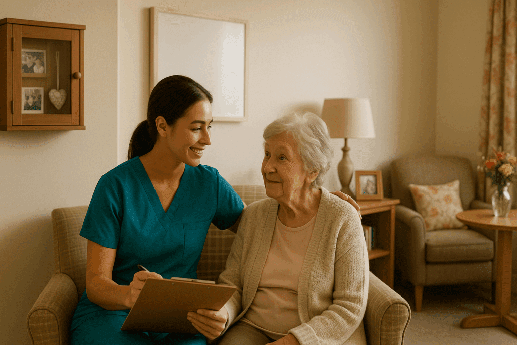 Nurse reviewing a personalized care plan while gently interacting with a resident in a cozy facility offering dementia care near me.