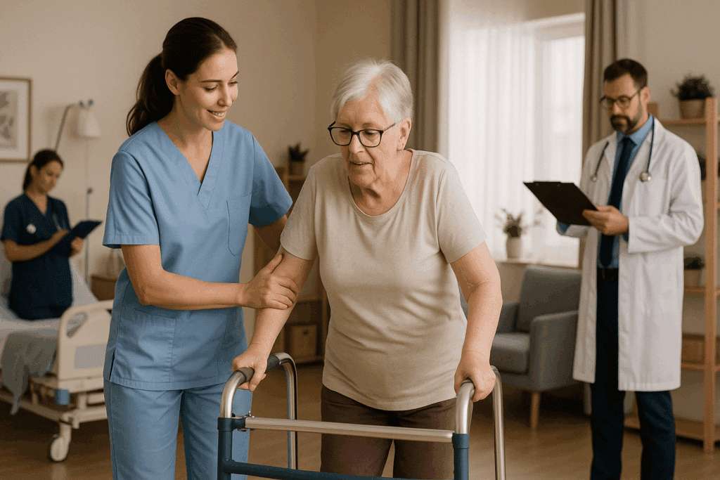 Elderly woman in physical therapy session supported by nursing staff in a professional facility offering dementia care near me.